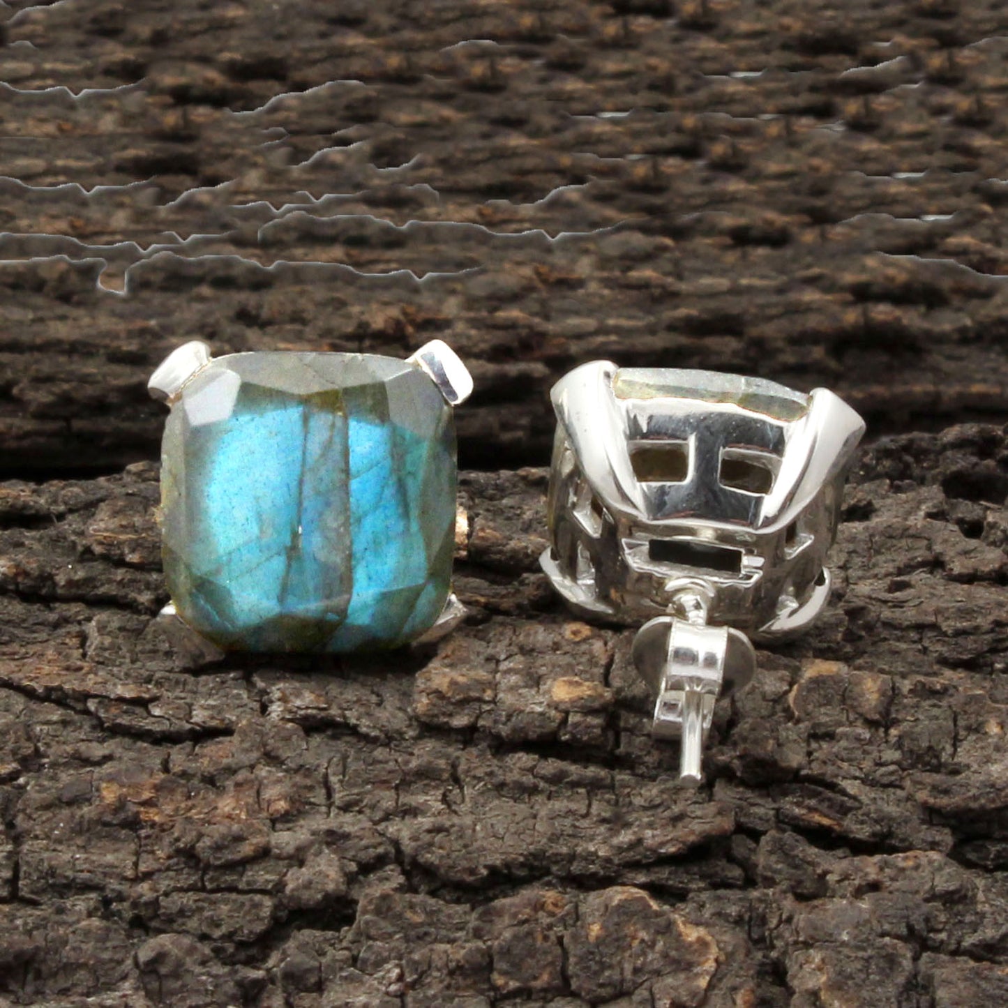 Faceted Labradorite Stud Handmade Prong Set 925 Sterling Silver Earrings