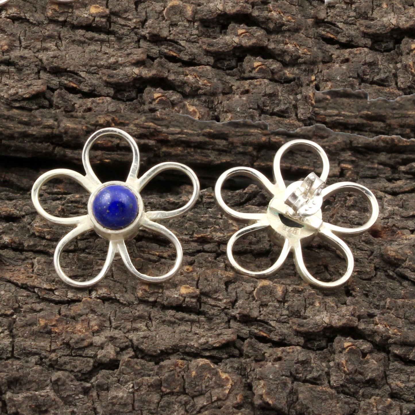Lapis Lazuli Floral Design 925 Sterling Silver Stud Earrings