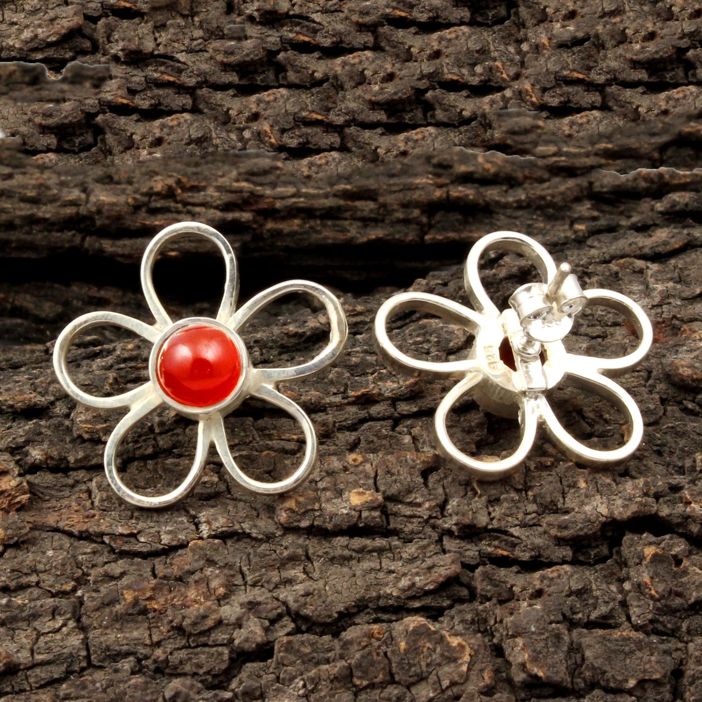 Carnelian Floral Design 925 Sterling Silver Stud Earrings