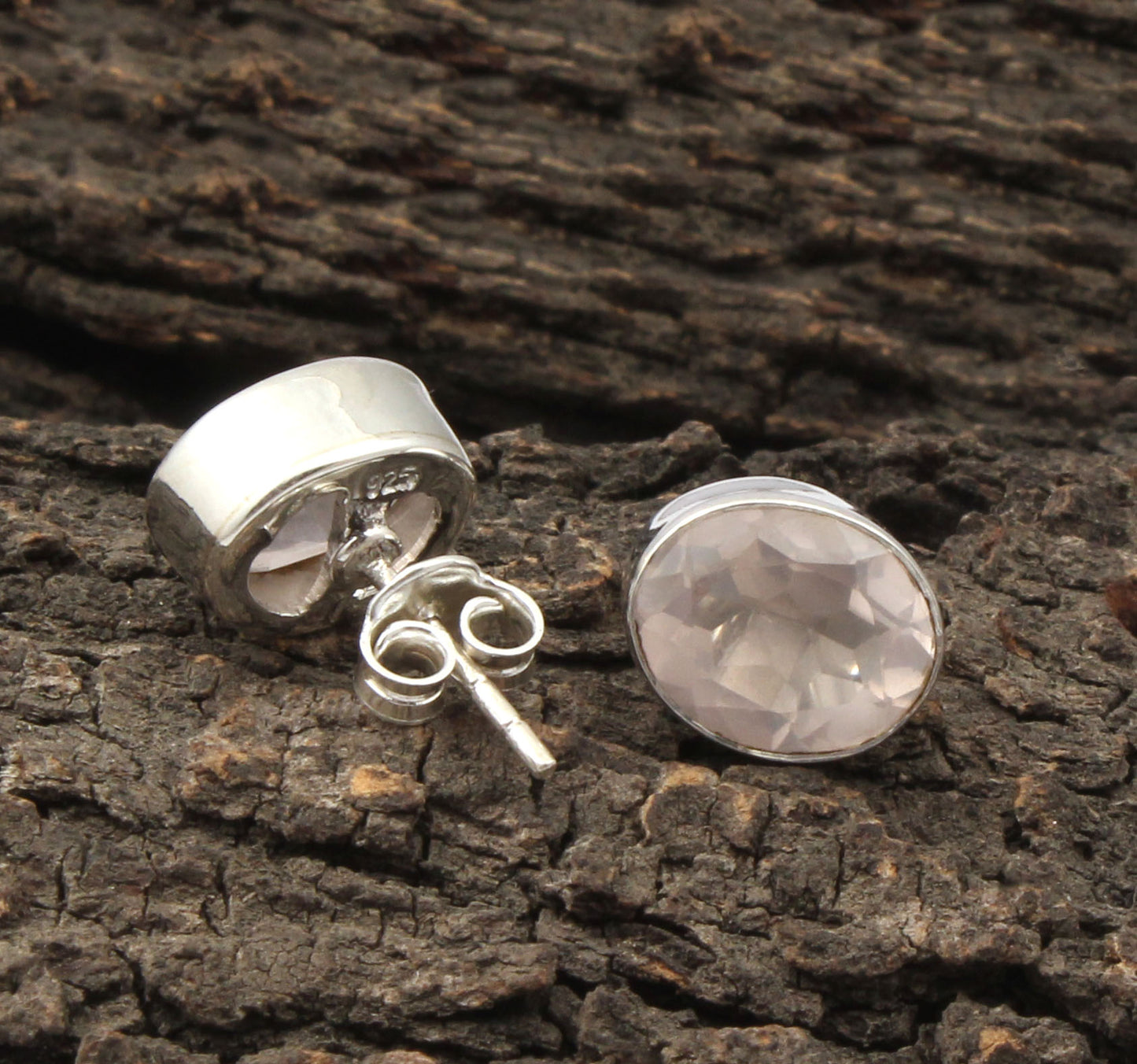 Rose Quartz Stud Bezel Oval Cut Stud Handcrafted 925 Sterling Silver Earrings