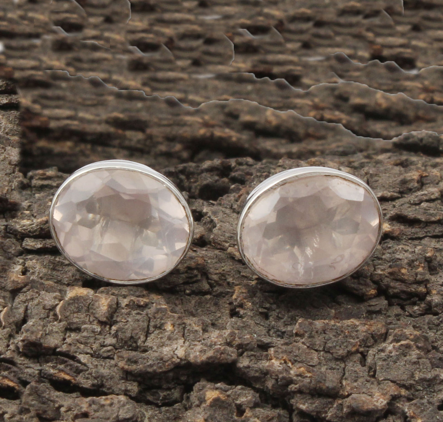 Rose Quartz Stud Bezel Oval Cut Stud Handcrafted 925 Sterling Silver Earrings