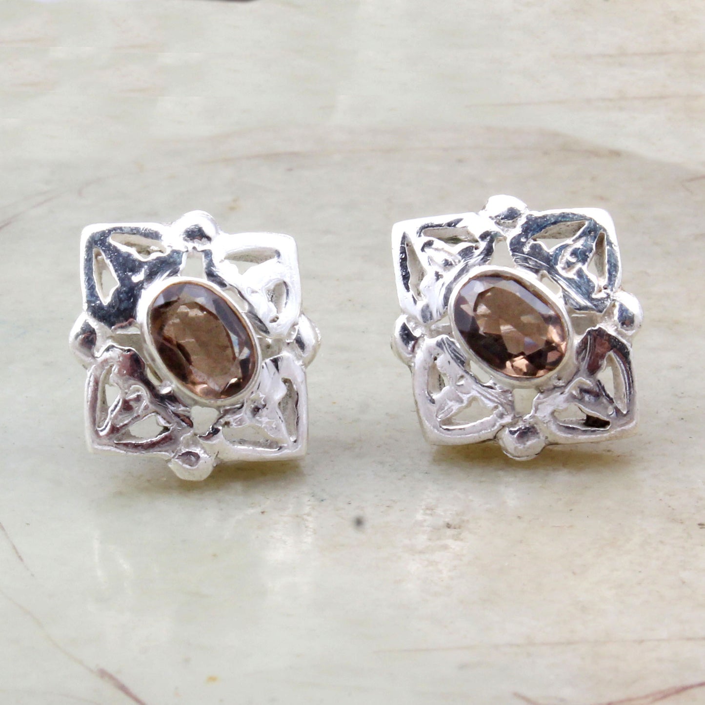 Smoky Quartz Stud Handmade 925 Sterling Silver Gemstone Earrings