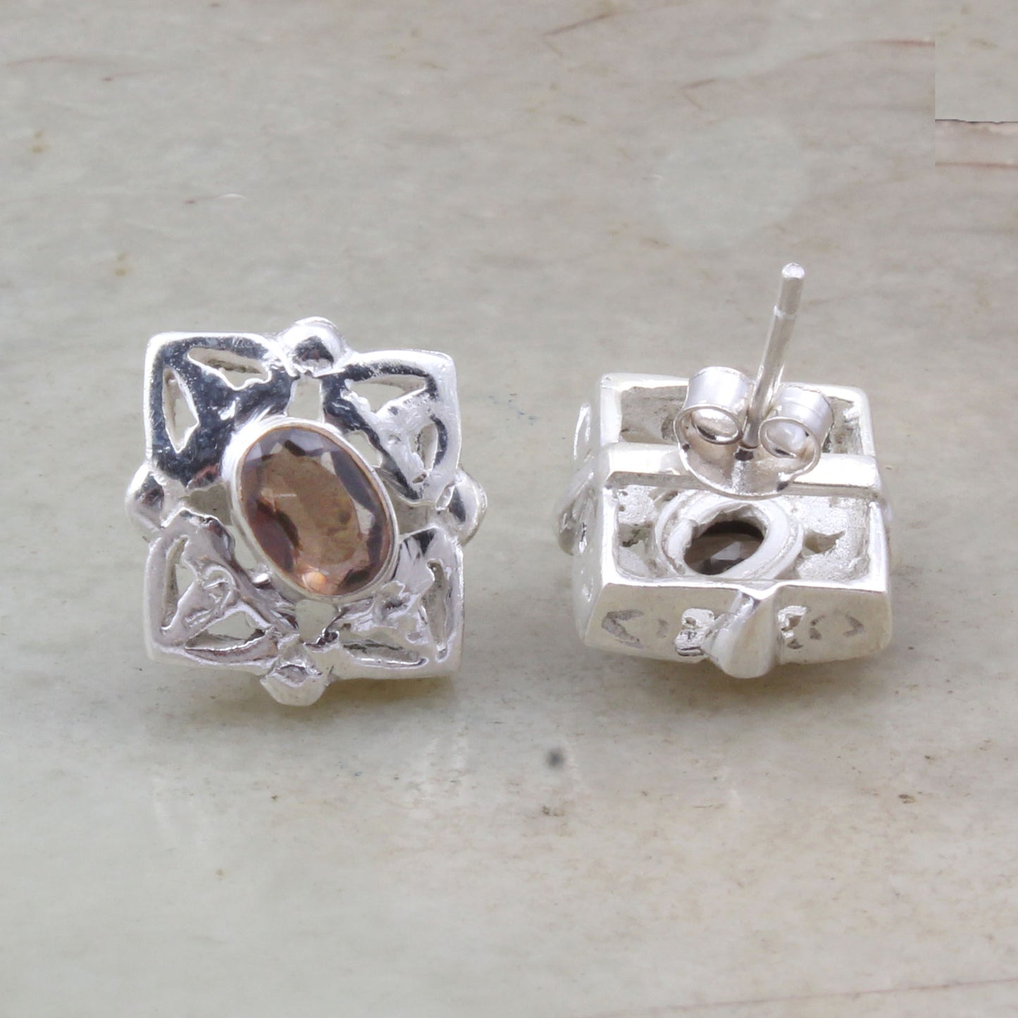 Smoky Quartz Stud Handmade 925 Sterling Silver Gemstone Earrings