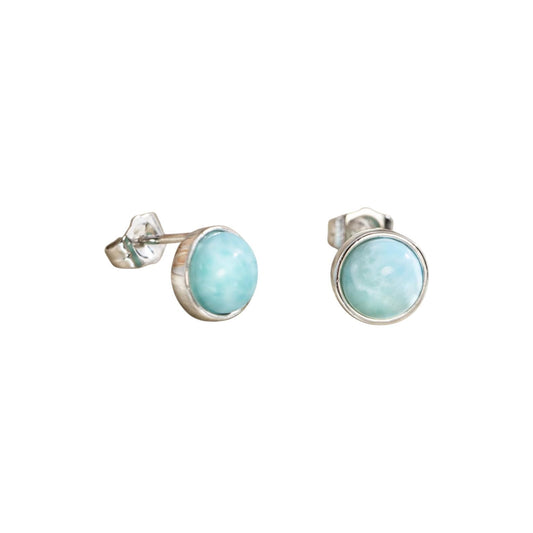 Round Natural Larimar Moonstone Stud Earrings Handmade 925 Sterling Silver Round Gemstone Jewelry (1, Sterling Silver, Larimar)