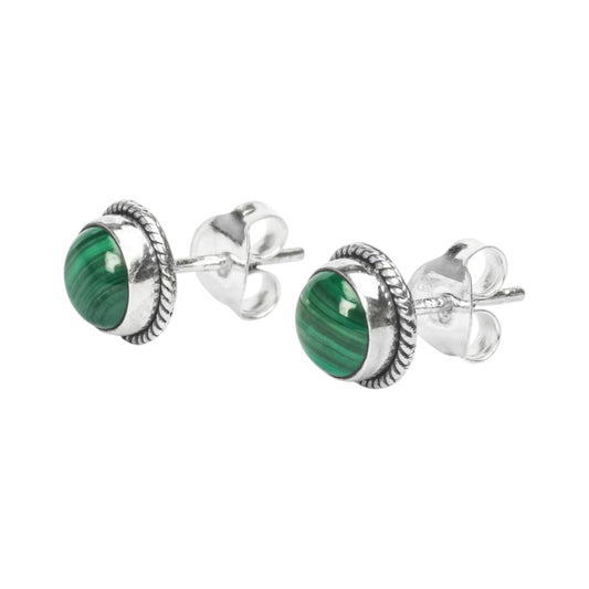 Malachite Stone Stud Earrings Handmade 925 Sterling Silver Round Gemstone Earrings Twisted Wire Jewelry