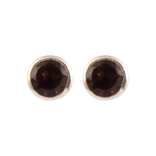 Minimalist Smoky Quartz Stud Earrings Faceted Round Stone 925 Sterling Silver Tiny Stud Jewelry