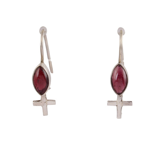 Natural Red Garnet Cross Earrings Handmade 925 Sterling Silver Marquise Shape Earrings