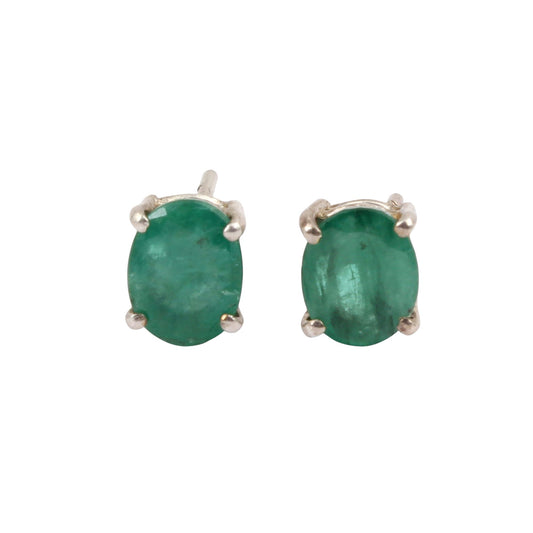 Natural Zambian Emerald Stud Earrings 925 Sterling Silver Oval Cut Handmade Prong Setting Tiny Post Stud Earrings