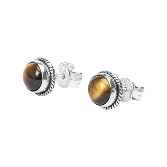 Tiger's Eye Stone Stud Earrings Handmade 925 Sterling Silver Round Gemstone Earrings Twisted Wire Jewelry