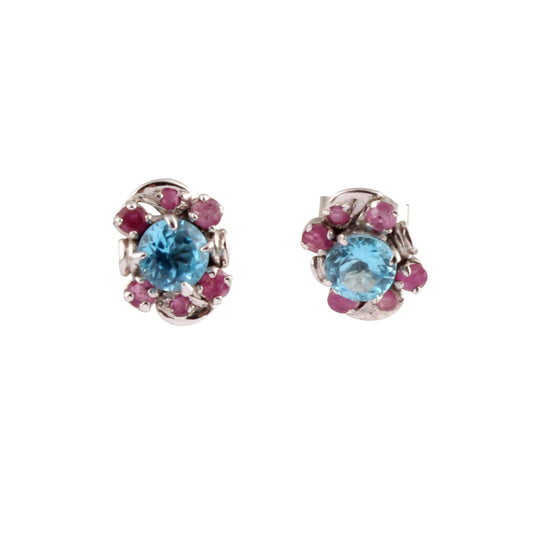 Blue Topaz Earrings with Ruby Studded Handmade 925 Sterling Silver Prong Setting Round Faceted Gemstone Earrings