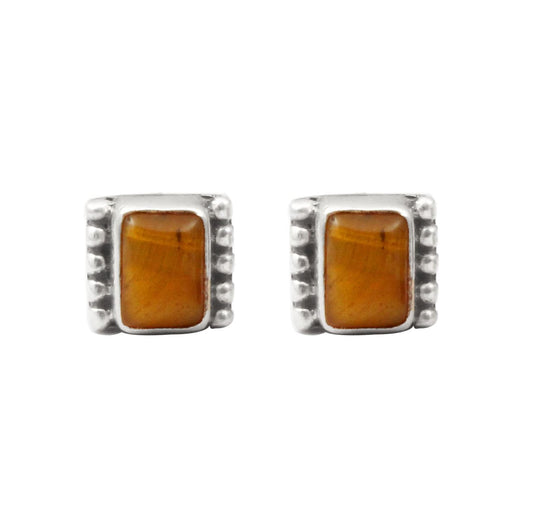 Tiger's Eye Gemstone Stud Earrings 925 Sterling Silver Boho Jewelry Semiprecious Stone Earrings