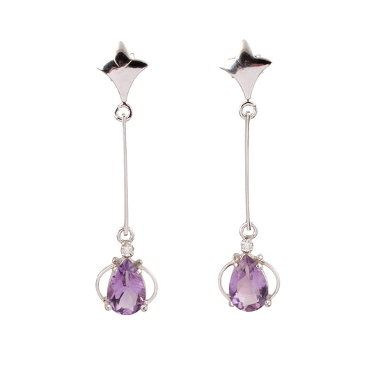 Long Dangle Pear Amethyst Earrings Handmade Lightweight 925 Sterling Silver February Birthstone Earrings