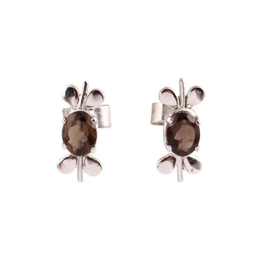 Smoky Quartz Stud Earrings Minimalist Charm Faceted Oval Gemstone 925 Sterling Silver Tiny Stud Jewelry