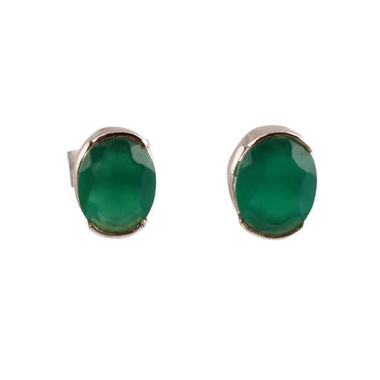 Green Onyx Stud Earrings Minimalist Faceted Oval Gemstone 925 Sterling Silver Tiny Stud Jewelry