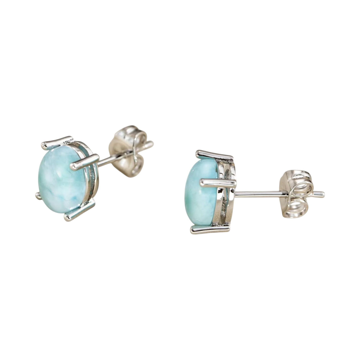 Oval Dominican Larimar Stud Earrings Handmade 925 Sterling Silver Prong Setting Natural Gemstone Jewelry