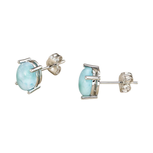Oval Dominican Larimar Stud Earrings Handmade 925 Sterling Silver Prong Setting Natural Gemstone Jewelry