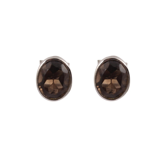 Faceted Smoky Quartz Stud Earrings Handmade Oval Shape 925 Sterling Silver Post Birthstone Earrings