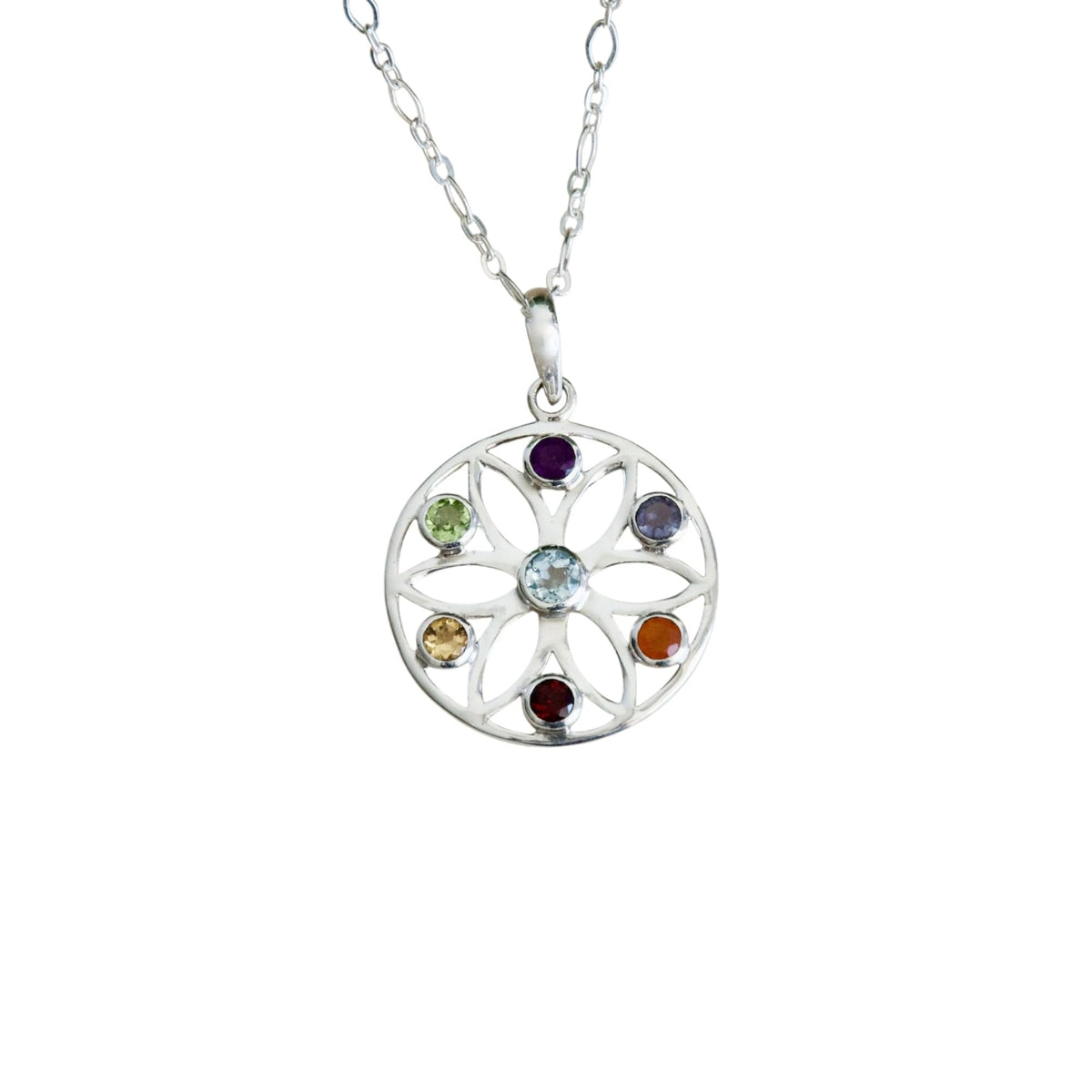Flower Of Life Chakra Pendant Natural 7 Gemstone Chakra Healing Spiritual Yoga Jewelry 925 Sterling Silver Rainbow Reiki Charm Gift