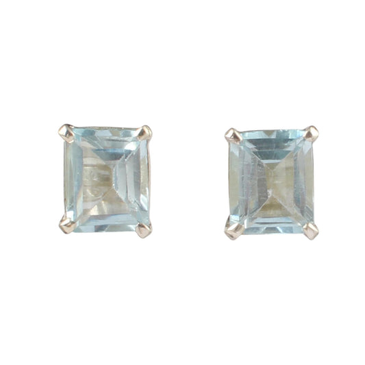 Faceted Natural Blue Topaz Stud Earrings Handmade Prong Setting 925 Sterling Silver Baguette Shape Earrings