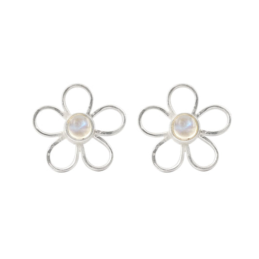 Rainbow Moonstone Stud Earrings Floral Round Shape 925 Sterling Silver Friendship Jewelry Gift For Her
