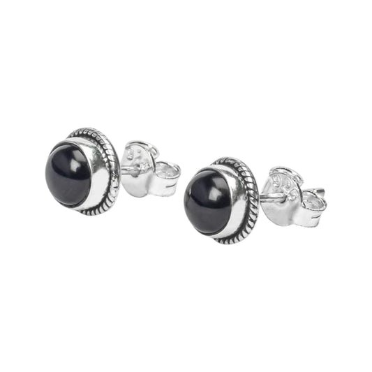 Black Onyx Stone Stud Earrings Handmade 925 Sterling Silver Round Gemstone Earrings Twisted Wire Jewelry