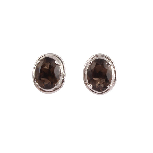 Smoky Quartz Prong Set Stud Earrings Minimalist Faceted Oval Gemstone 925 Sterling Silver Tiny Stud Jewelry