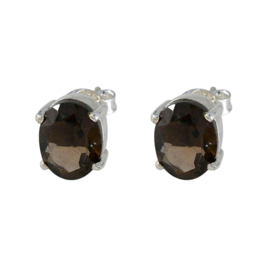 Smoky Quartz Stud Earrings Handmade Prong Setting Oval Faceted Gemstone 925 Sterling Silver Earrings