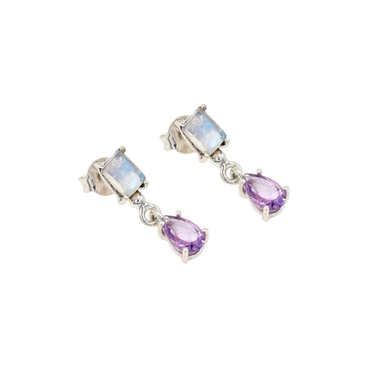 Moonstone & Amethyst 925 Silver Stud Earrings Natural Gemstone Sterling Silver Earrings Gemstone Studs Best Gifts