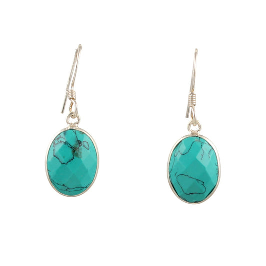 Checker Cut Turquoise Dangle Earrings Handmade 925 Sterling Silver Bezel Setting Lightweight Earrings