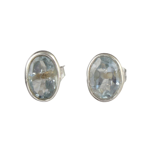 Natural Blue Topaz Earrings Handmade 925 Sterling Silver Oval Faceted Gemstone Stud Earrings Jewelry