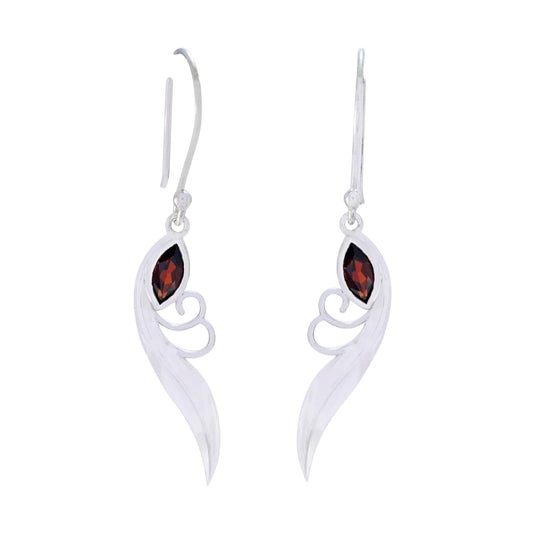 Natural Red Garnet Feather Dangle Earring Handmade 925 Silver Sterling Earrings Jewelry