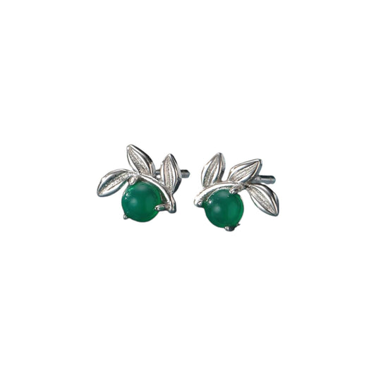 Tiny Leaf with Natural Green Onyx Stud Earrings in Sterling SilverSmall Olive Leaf Stud Earrings