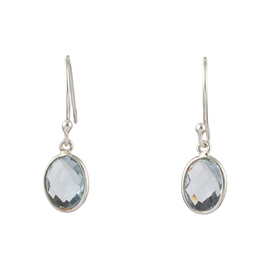 Checker Cut Blue Topaz Dangle Earrings Handmade 925 Sterling Silver Natural Oval Gemstone French Ear Wire Earrings