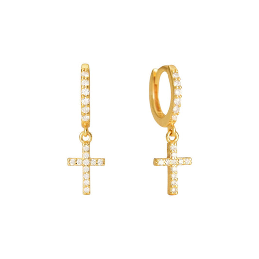 Dangling Cross Earrings Yellow Gold 925 Sterling Silver Drop Cross Jewelry Minimalist Gift for Her Christmas Gift