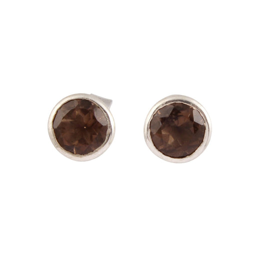 Minimalist Smoky Quartz Stud Earrings Faceted Round Gemstone 925 Sterling Silver Tiny Stud Jewelry