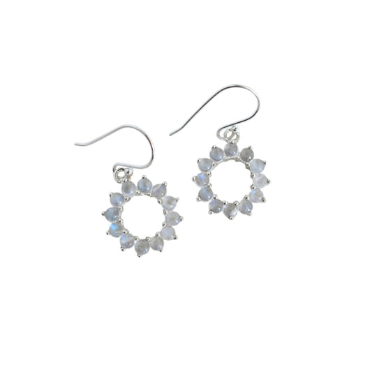 Rainbow Moonstone Halo Earrings June Birthstone 925 Sterling Silver Natural Gemstone Unique Round Cabochon Dangle Drop Earring Gift