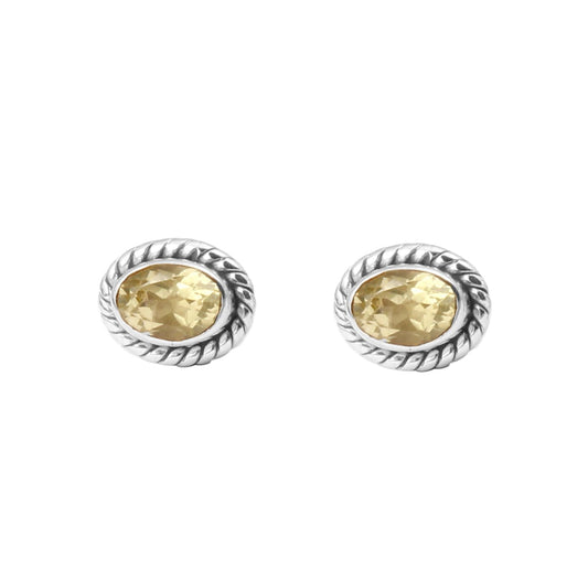 Lemon Topaz Stud Earring 925 Sterling Silver Stud Earrings Handmade Oval Faceted Stone Twisted Wire 925 Silver Post Stud