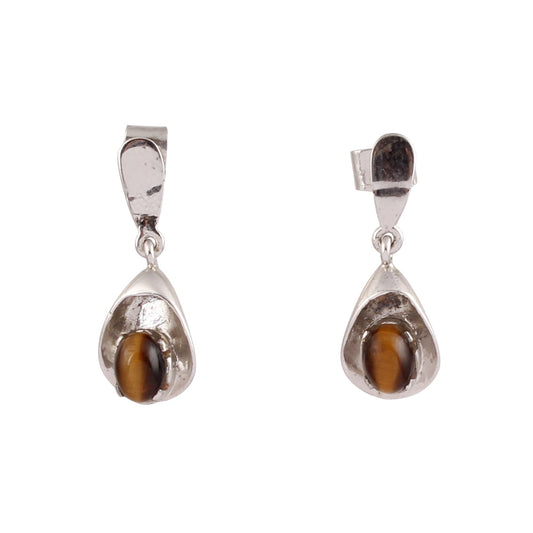 Tiger Eye Earrings with 925 Sterling Silver Handmade Natural Gemstone Prong Setting Dangle Earrings