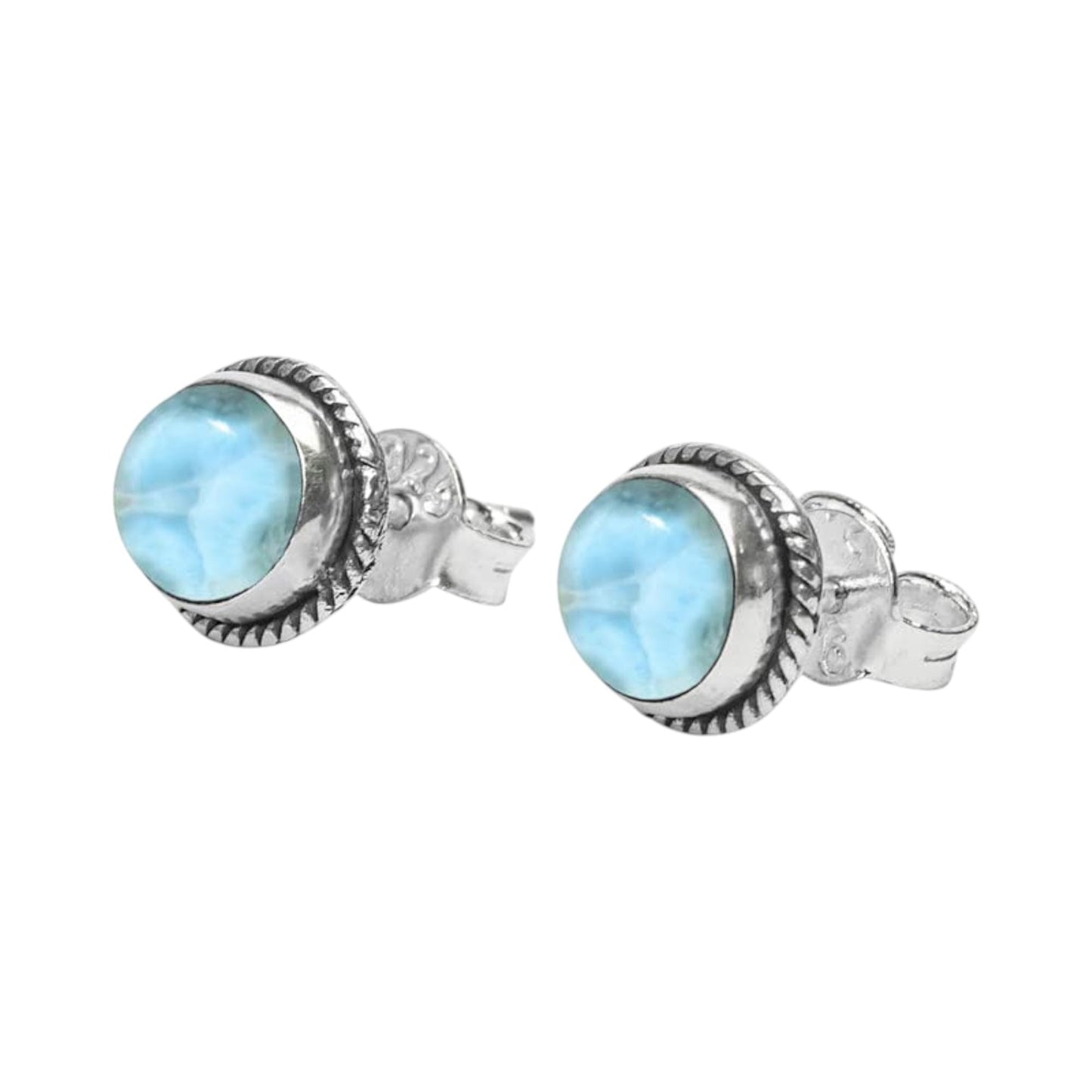 Larimar Stone Stud Earrings Handmade 925 Sterling Silver Round Gemstone Earrings Twisted Wire Jewelry