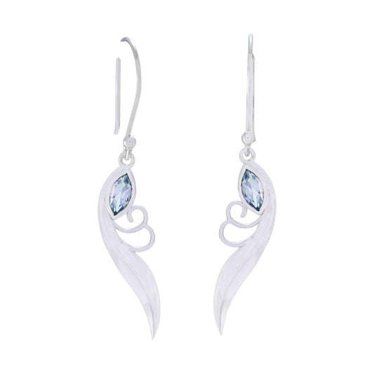 Blue Topaz Feather Dangle Earring Handmade 925 Silver Sterling Earrings Jewelry