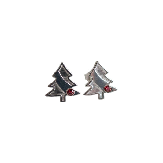 925 Sterling Silver Christmas Tree Earrings Garnet Gemstone Studs Minimalist Holiday Jewelry Everyday Jewelry