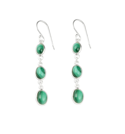Oval Green Malachite Earrings in 925 Sterling Silver Handmade Natural Gemstone Dangle Earrings