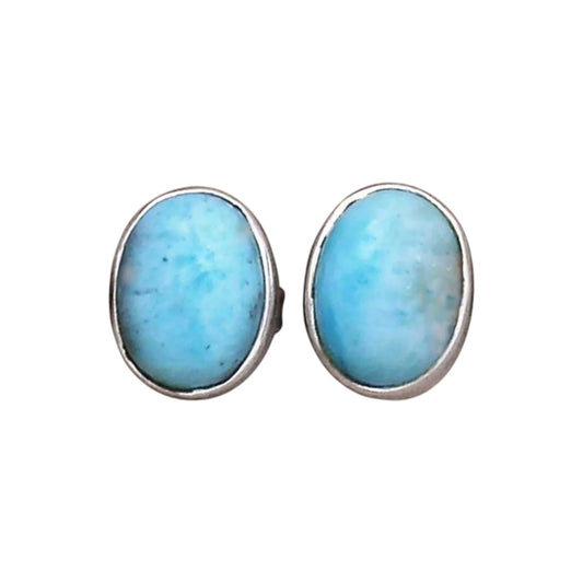 Oval Larimar Stud Earrings Handmade 925 Sterling Silver Dainty Beach Jewelry