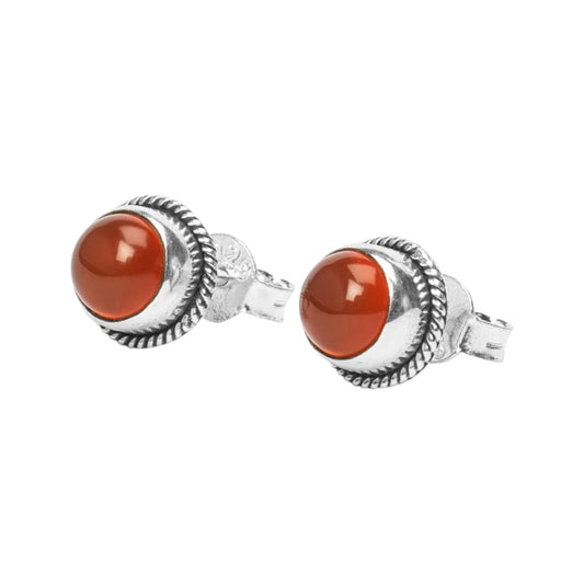 Carnelian Stone Stud Earrings Handmade 925 Sterling Silver Round Gemstone Earrings Twisted Wire Jewelry