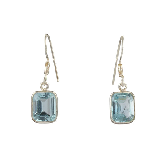 Faceted Blue Topaz Dangle Earrings Handmade 925 Sterling Silver Natural Gemstone Sping Ear Wire Earrings