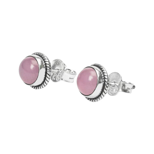 Rose Quartz Stone Stud Earrings Handmade 925 Sterling Silver Round Gemstone Earrings Twisted Wire Jewelry