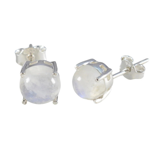 Rainbow Moonstone Stud Earrings Handmade Prong Setting Round Gemstone 925 Sterling Silver Earrings