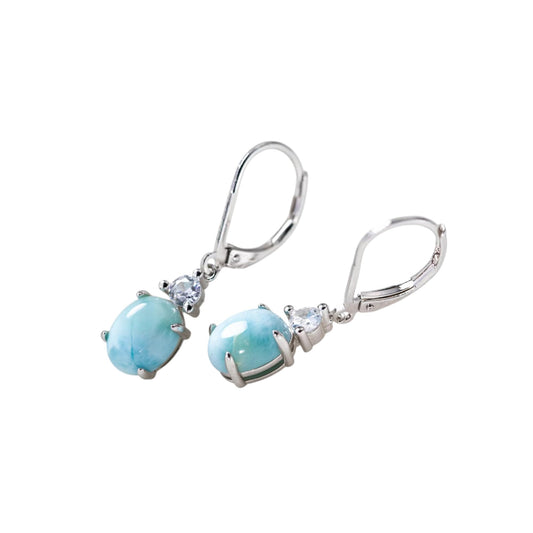 Natural Larimar Earrings with Blue Topaz 925 Sterling Silver Lever Back Prong Setting Earrings Lightweight Dangle Jewelry