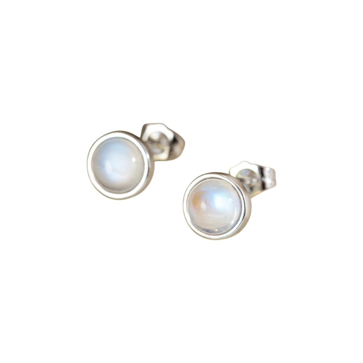 Round Natural Larimar Moonstone Stud Earrings Handmade 925 Sterling Silver Round Gemstone Jewelry (1, Sterling Silver, Moonstone)
