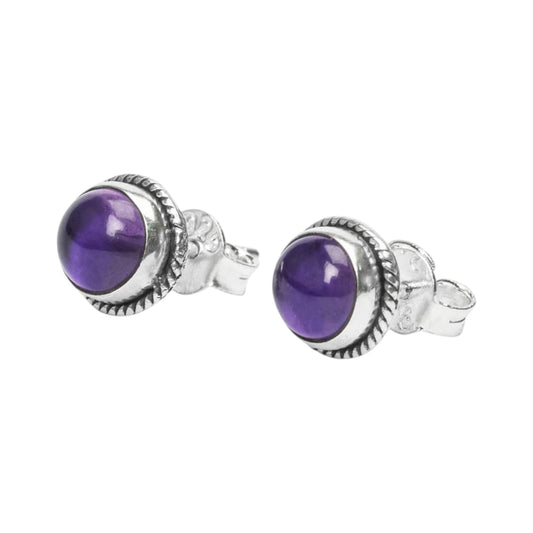 Amethyst Stone Stud Earrings Handmade 925 Sterling Silver Round Gemstone Earrings Twisted Wire Jewelry
